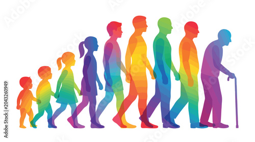 Colorful vector illustration showing the human life cycle progression from infancy to old age stages