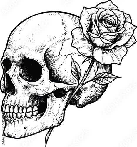 Black and white illustration of a human skull with a rose in its mouth