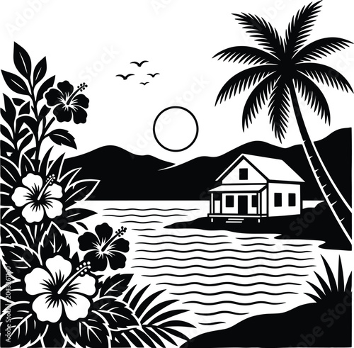Black and white tropical island scene with house palm tree and hibiscus flowers