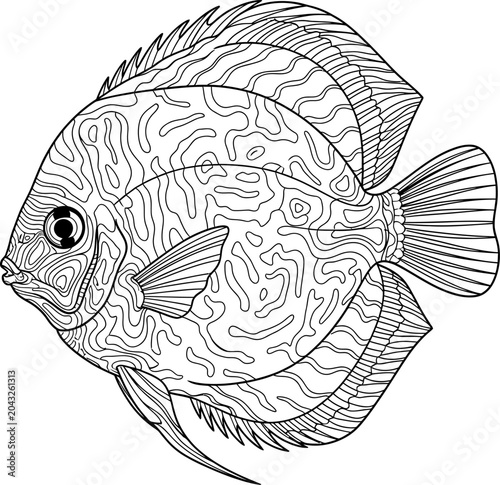Black and white line drawing of a fish with wavy patterns on its body