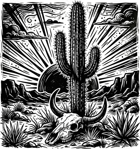 Black and white illustration of a cactus with a bull skull in the desert landscape at sunset