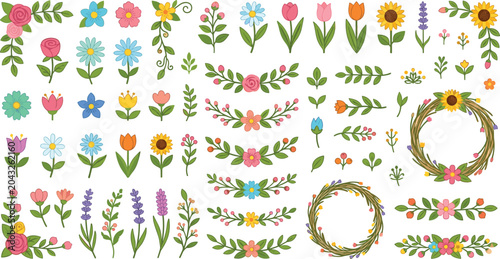 Fotografie Spring flower mega collection set with floral bouquet frame border wreath leaf element vector layout
