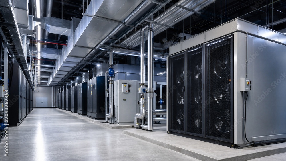 Fototapeta premium Modern data center cooling infrastructure with powerful industrial HVAC systems. Large computer room with ventilation pipes and server cooling units for heat regulation and hardware safety.