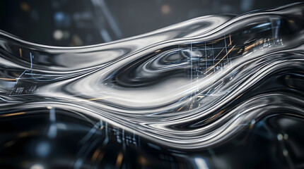 Abstract liquid metal wave with digital tech grid futuristic chrome fluid background with glowing data patterns
