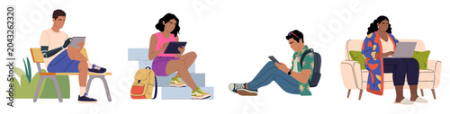 Bilde på lerret Set of diverse people work remotely, each focused