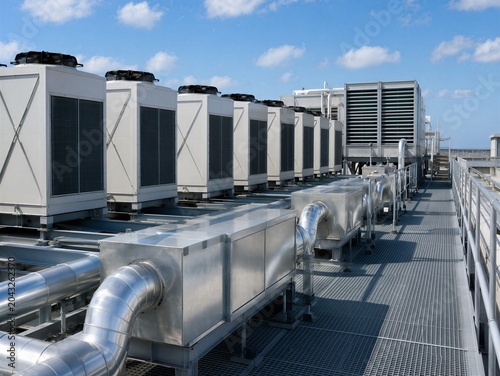 Industrial air conditioning units on data center roof. Infrastructure for server cooling system. Climate control technology equipment for facility ventilation and thermal management.