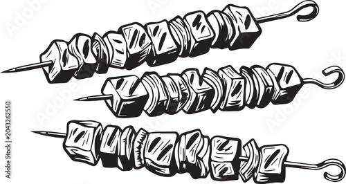 Fotografie Grilled Meat Skewers Shish Kebab Vector Icon Illustration Set