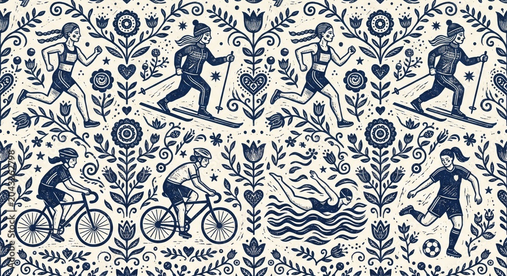 Sporty illustrations of people exercising outdoors in floral pattern