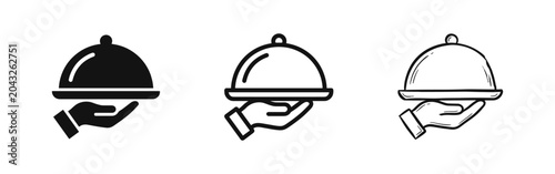 Quadro su tela Restaurant service and food serving platter icon held by hand in solid, outline, and hand-drawn styles