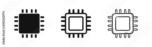 Cuadro en lienzo CPU microchip and computer processor icons in solid outline and hand-drawn sketc