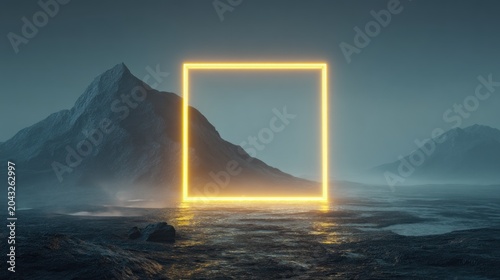 Neon square and misty mountain landscape