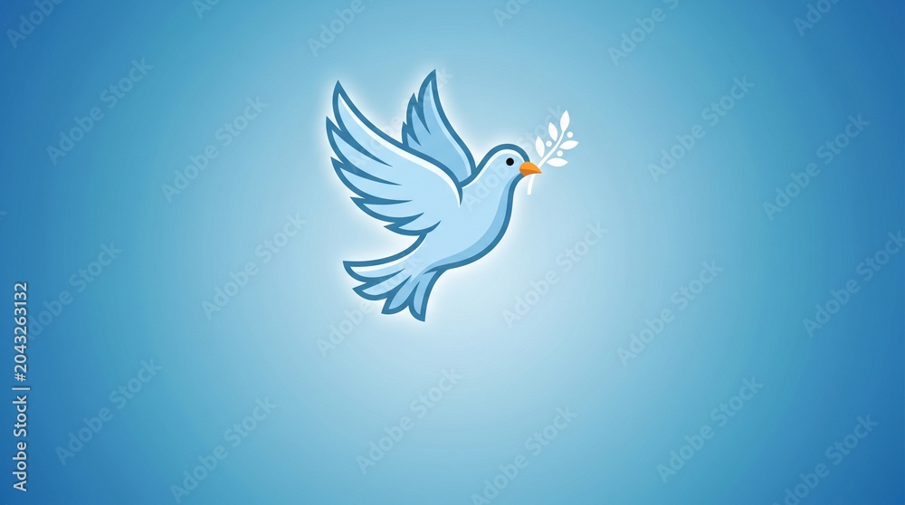 Obraz premium Peace dove illustration with olive branch, flying white bird symbol of hope on blue background, spiritual freedom and harmony concept