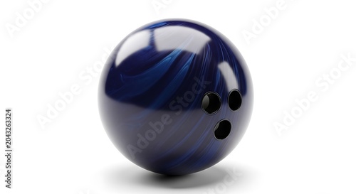 Blue bowling ball with three holes on white background for sports and recreation concepts