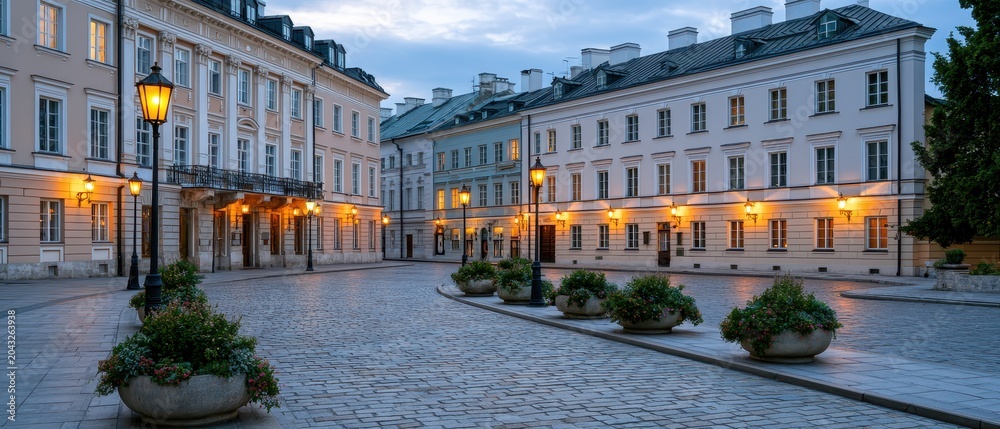 Fototapeta premium Charming courtyard with lush trees surrounded by historic residential buildings, urban oasis, peaceful living, heritage setting, community lifestyle.