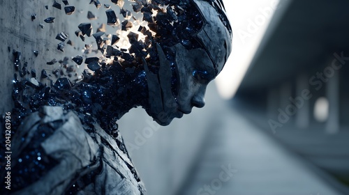 Cyberpunk character backdrop with a stone statue face shattering into pieces