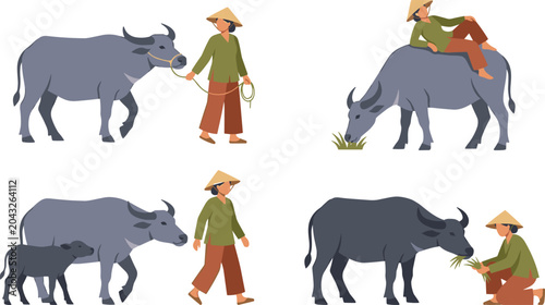 Fotografi Farmer and Water Buffalo Illustration Collection Featuring Rural Agriculture, Li