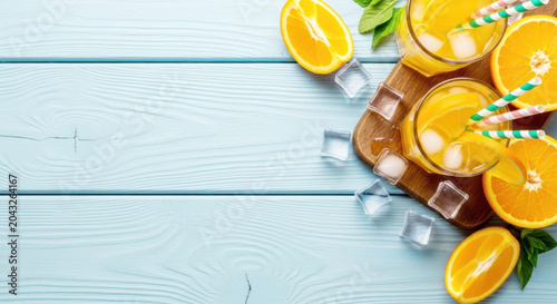 Refreshing orange juice drinks with ice cubes and fresh oranges on a wooden board against a light blue wooden background