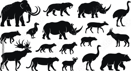 Foto Prehistoric Animals and Ice Age Megafauna Silhouette Icon Set with Woolly Mammot