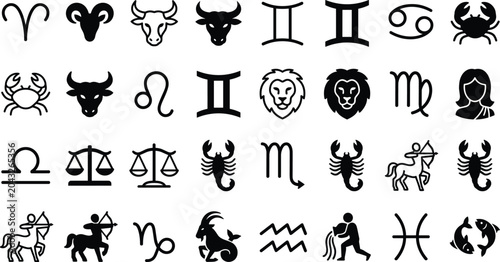 Bild auf Leinwand Astrology Zodiac Sign Icon Set with Horoscope Symbols for Aries Taurus Gemini Ca