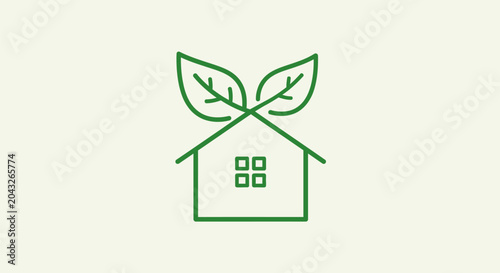 Принти на полотні Green leafy house icon with a simple line drawing on a light background