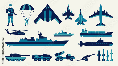 Bild auf Leinwand Collection of flat design military vehicles, aircraft, and naval icons