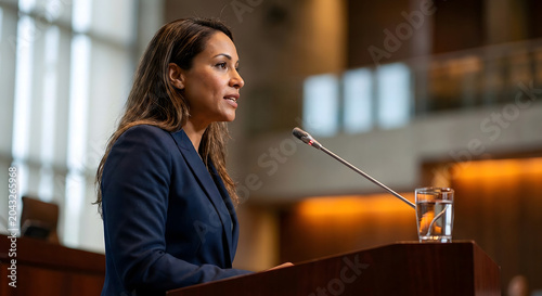 Mujer profesional dando un discurso en un podio con micrófono durante una conferencia o debate político