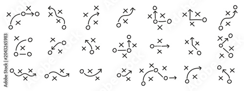 Fotografie Football tactics hand drawn doodle icon set, soccer game strategy plan diagram with arrows, passes, player movement, player positions and game plan