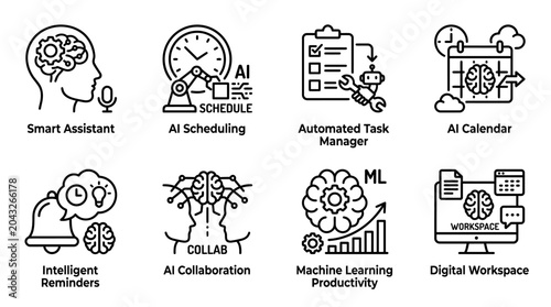Artificial Intelligence and Productivity Line Icon Set.