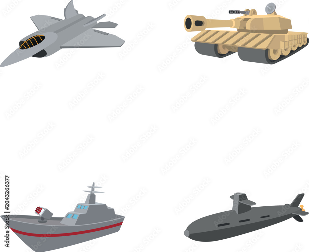 Obraz premium Various military vehicles for defense, conflict, and security