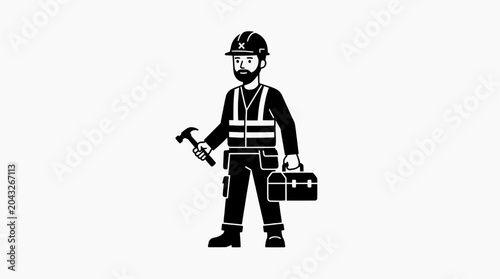 A construction worker, equipped with a hard hat, safety vest, and toolbox, stands ready for a day's work, hammer in hand, representing the strength and dedication of the construction industry.