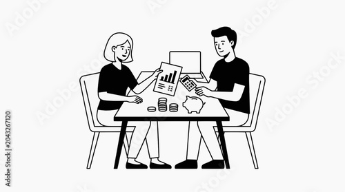 A man and woman sit at a table, reviewing financial documents and using a calculator, with a piggy bank and coins nearby, suggesting financial planning or investment.