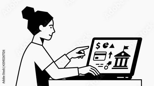 A woman in a simple outfit sits at a desk, interacting with a laptop displaying various financial icons, including a bank building, credit card, charts, and currency symbols.