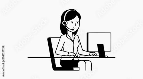 A friendly call center operator with a headset on, working on a computer.