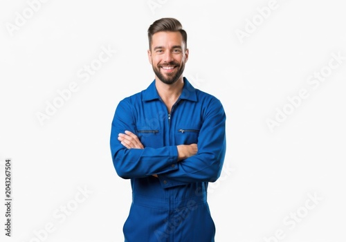 Smiling man in blue mechanic overalls with arms crossed isolated on white background