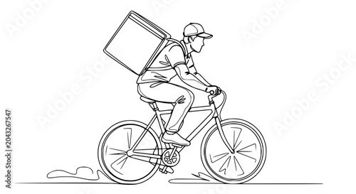 Foto Delivery person riding bicycle with thermal bag, line art illustration