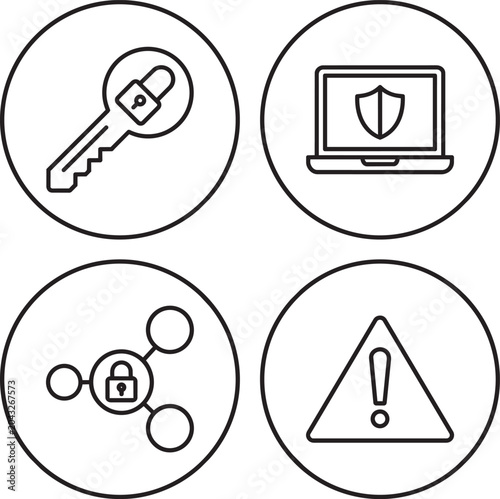 Computer security icons illustrate a key, a laptop shield, a network node, and a warning triangle.