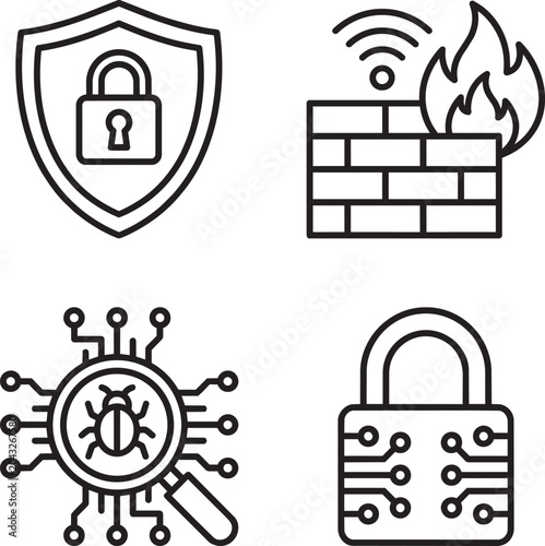 Cybersecurity icons display a shield, a firewall, a digital bug scanner, and a secure lock mechanism.