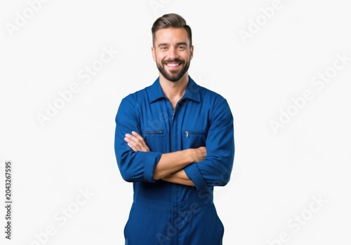Smiling man in blue work uniform with arms crossed isolated on white background
