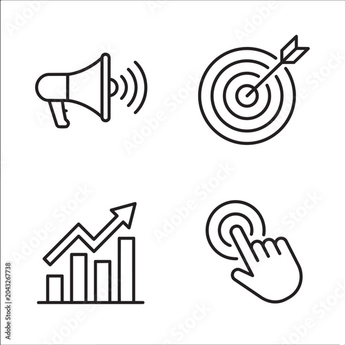 Icons representing marketing strategy include a megaphone, a target with an arrow, a rising bar chart, and a hand cursor clicking a button.