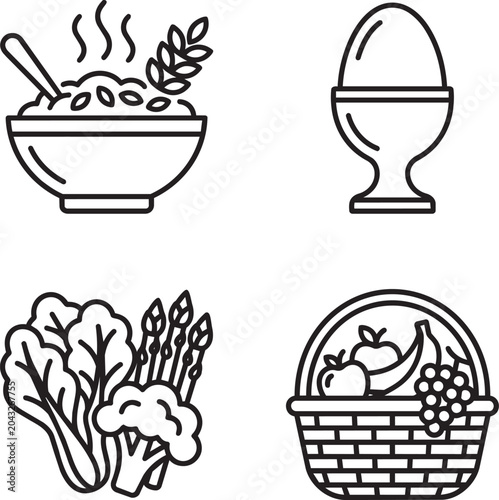 Icons representing healthy nutrition include a bowl of porridge, a boiled egg, fresh vegetables, and a basket of assorted fruits.