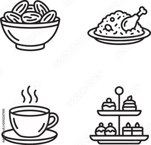 Icons representing traditional food and refreshments consist of dates, chicken rice, hot beverages, and tiered dessert stands.