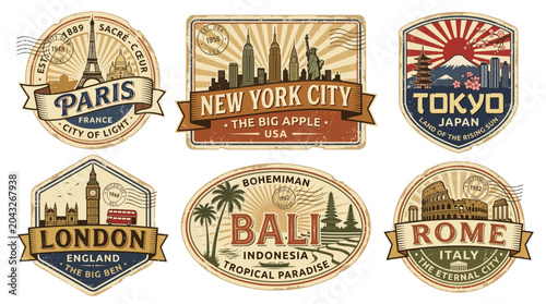 Vintage Retro Travel Sticker Badge Collection Vector Set with Paris Tokyo New York London Bali Rome and Distressed Label Design