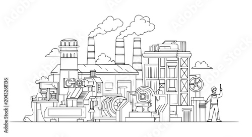Fotografía Industrial Factory Complex with Smoking Chimneys and Worker - Line Art