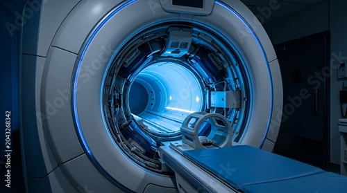 Medical Imaging: Detailed MRI Scanner Interior with Blue Illumination