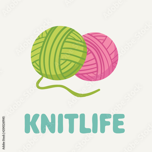 Flat Style Illustration of Green and Pink Yarn Balls with 'KNITLIFE' 