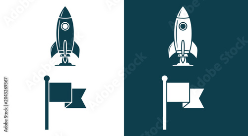 Rocket launch and success flag icon set