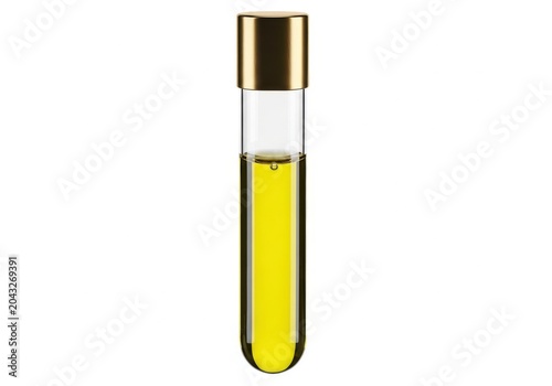 Yellow liquid in a clear glass vial with golden cap isolated on white background