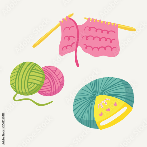 Flat Style Knitting Elements with Yarn Balls and Needles. Perfect for 