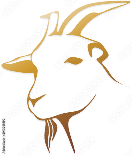A golden goat head logo on a white background