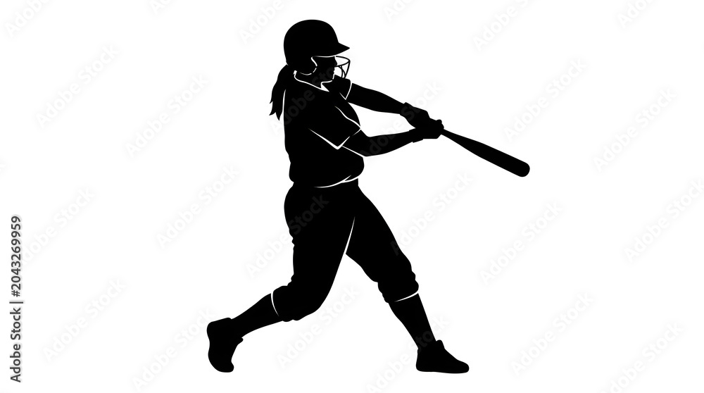 Fototapeta premium Female Softball Player Swinging Bat Silhouette Vector Illustration Isolated on White Background